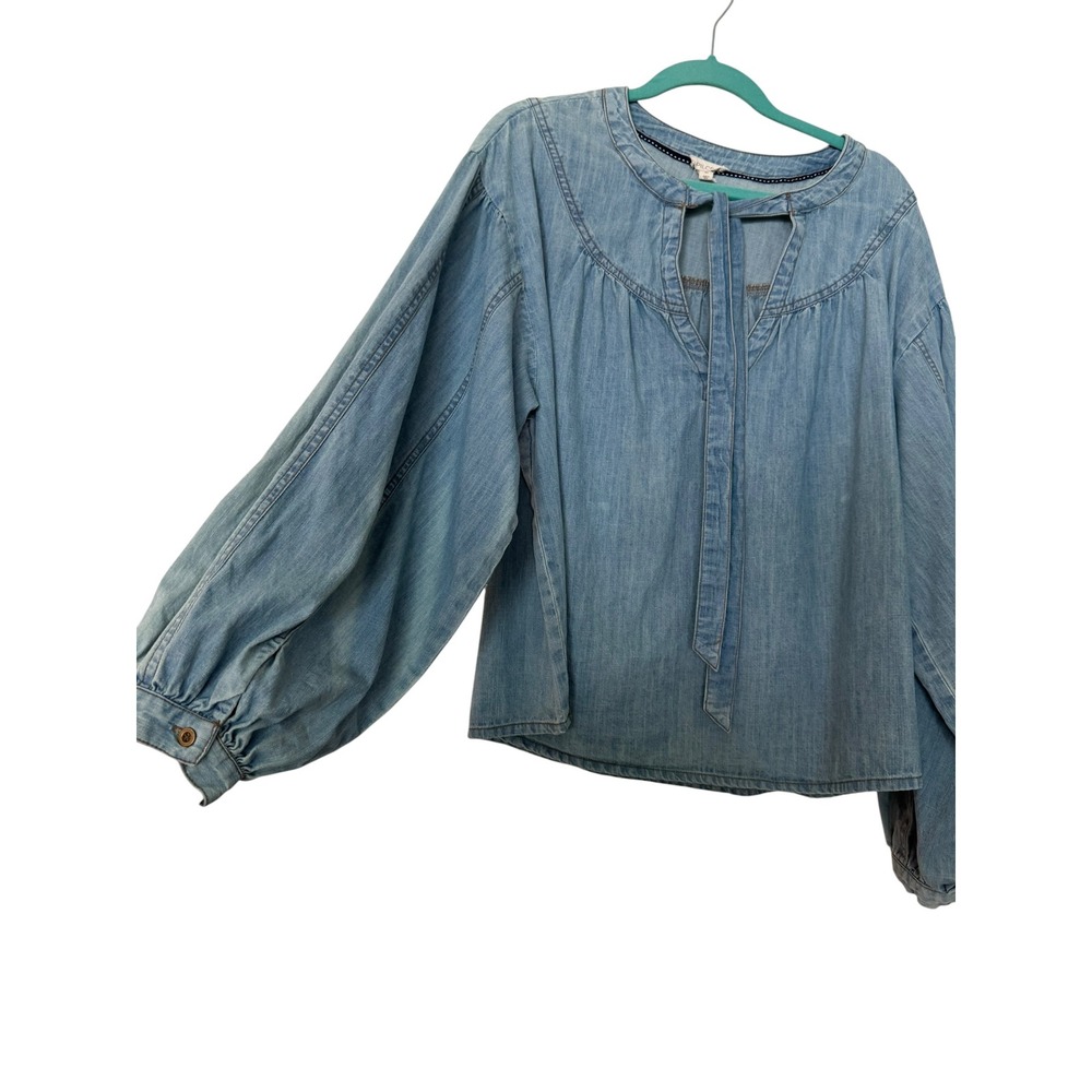 Anthropologie Pilcro XL Long Sleeve Front Tie Denim Batwing Blouse Cotton Boho - Picture 4 of 11